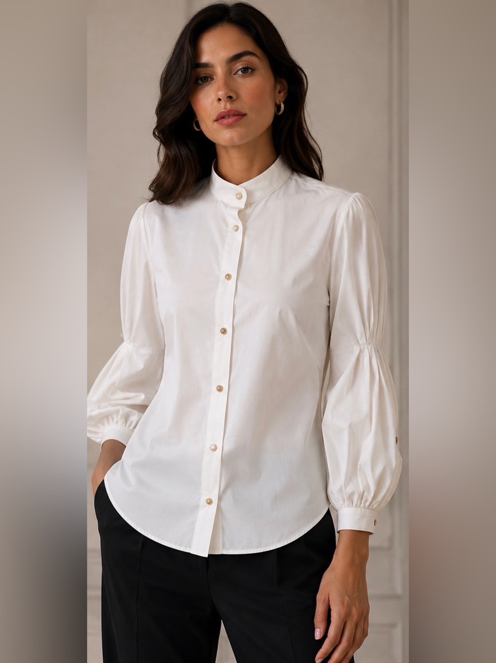 ROBERTO CAVALLI White Puff Sleeve Blouse Italian Cotton High Neck Size42 , 6